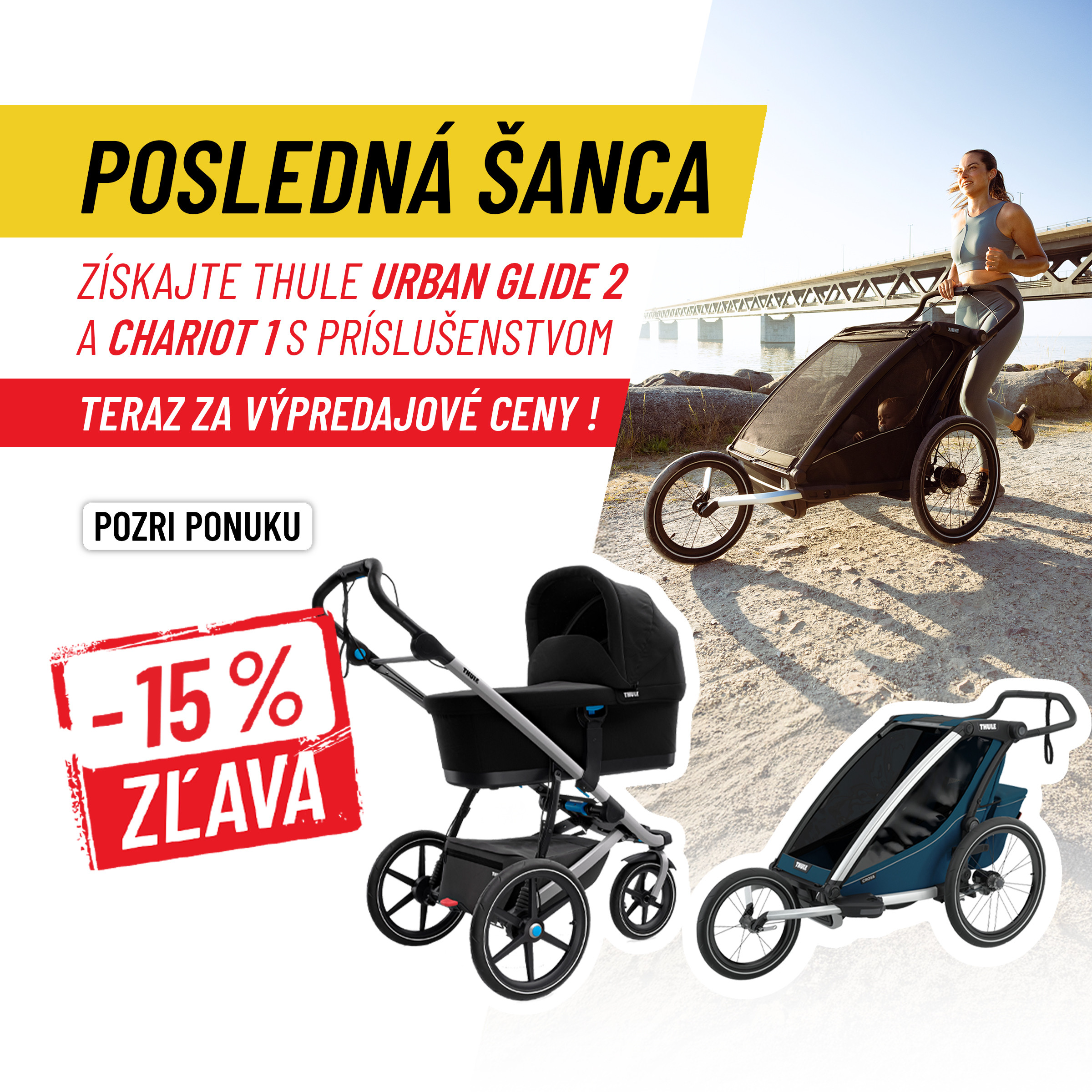 Výpredaj detských kočíkov Urban Glide 2 a cyklovozíkov Chariot 1 +príslušenstvo